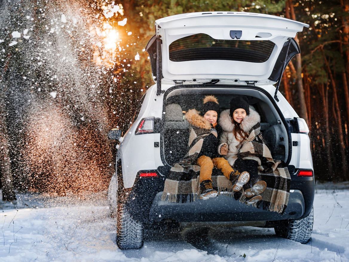 Zwei Kinder im Fonds eines Autos, das im Schnee steht. Foto: Olha - stock.adobe.com