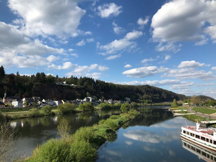 Ausblick: Immer wieder bietet der Mosel-Radweg Panoramablicke über die Mosel, hier in Trier. Foto: Wiebke Bomas