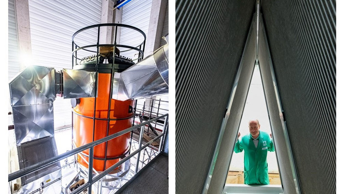 Links: Blick ins Kesselhaus des neuen Biomasseheizkraftwerks von Finzelberg in Andernach. Rechts: Das Organic-Rankine-Cycle-Modul am Biomasseheizkraftwerk (BMHKW) erzeugt aus dem abgeleiteten warmen Wasser Strom. Wadim Pfaff blickt durch die Kondensatoren, die das Wasser abkühlen, ehe es zum BMHKW zurückfließt. Fotos: Daniel Roth - IW Medien