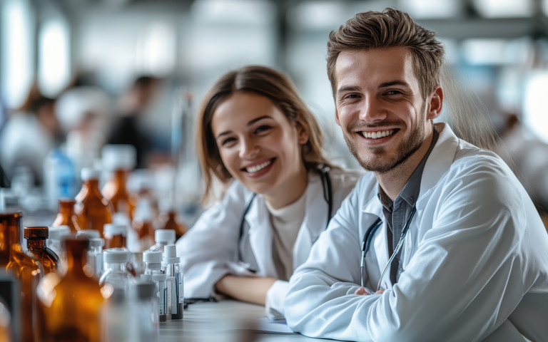 Zwei junge Menschen in weißen Kitteln in einem Labor lachen in die Kamera. Foto: YouraPechkin - stock.adobe.com